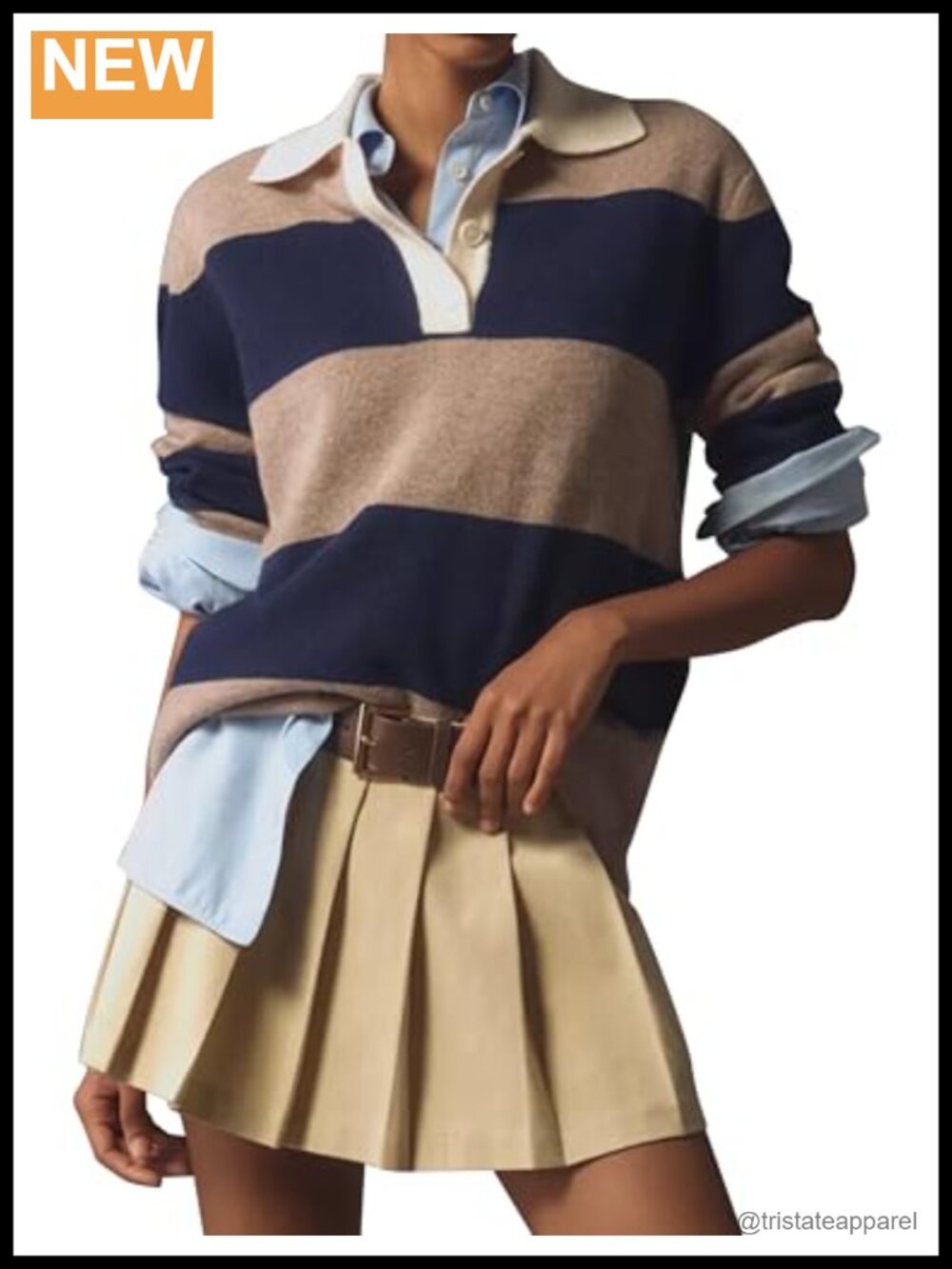 Striped Sweater Rugby Polo Collar Pullover V-Neck Boxy Knit Top
